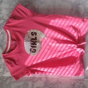 Pink Cat & Jack Short Sleeve Girls Shirt with Sequin Girl logo & Tie in front